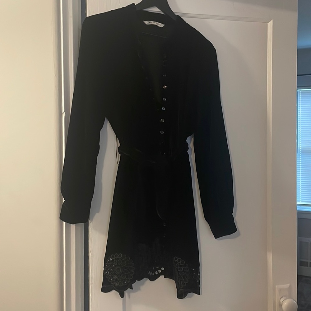 Zara black, believer mini dress with floral cutout detailing and buttons